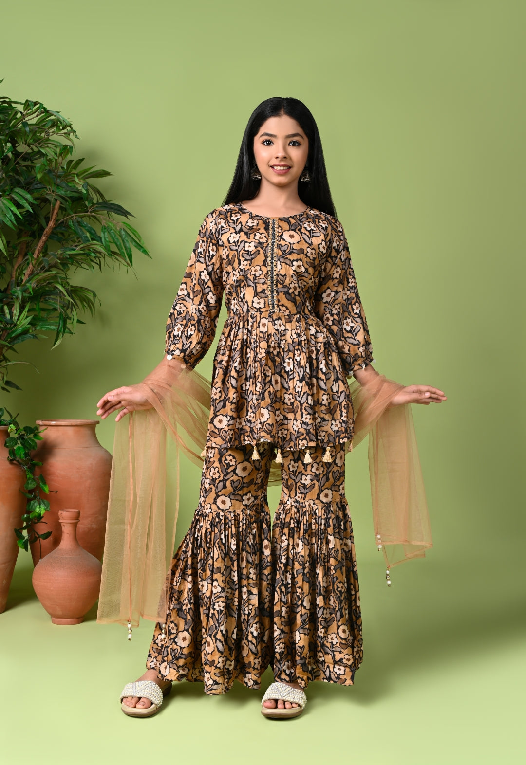 Floral Printed Peplum Kurta with Sharara & Net Dupatta