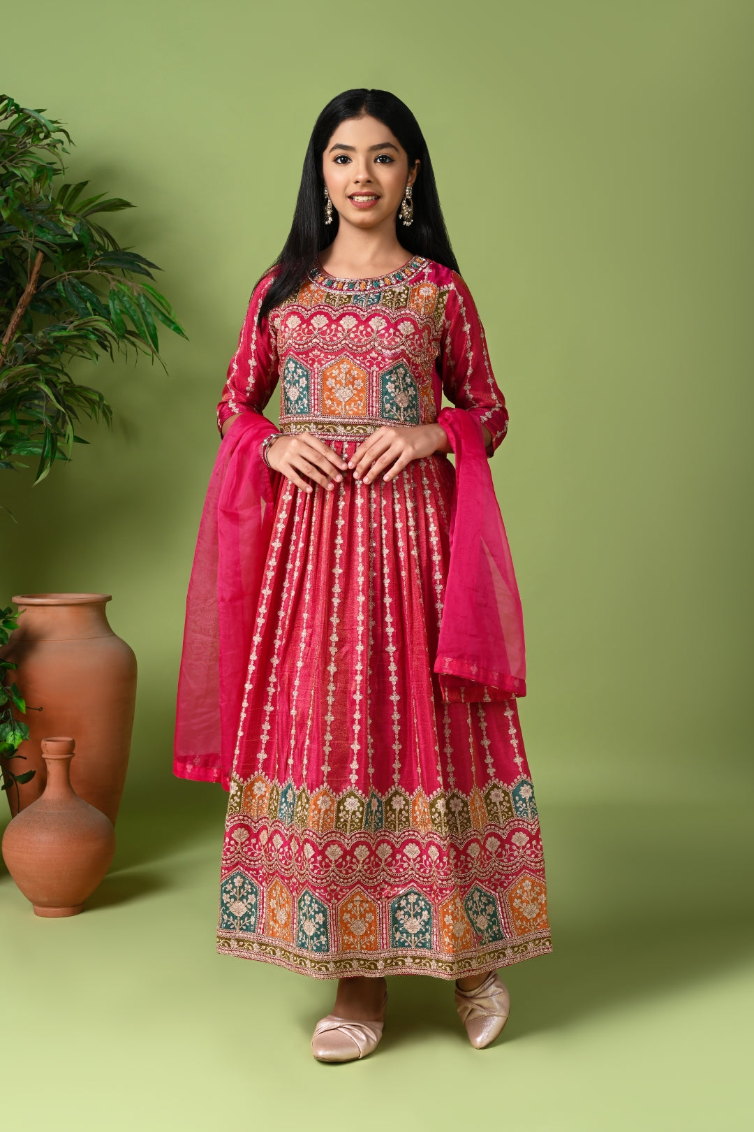 Festive Pink Anarkali Suit with Intricate Print & Net Dupatta