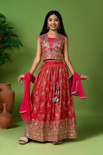 Mirror Work Lehenga Set with Embroidered Choli & Dupatta