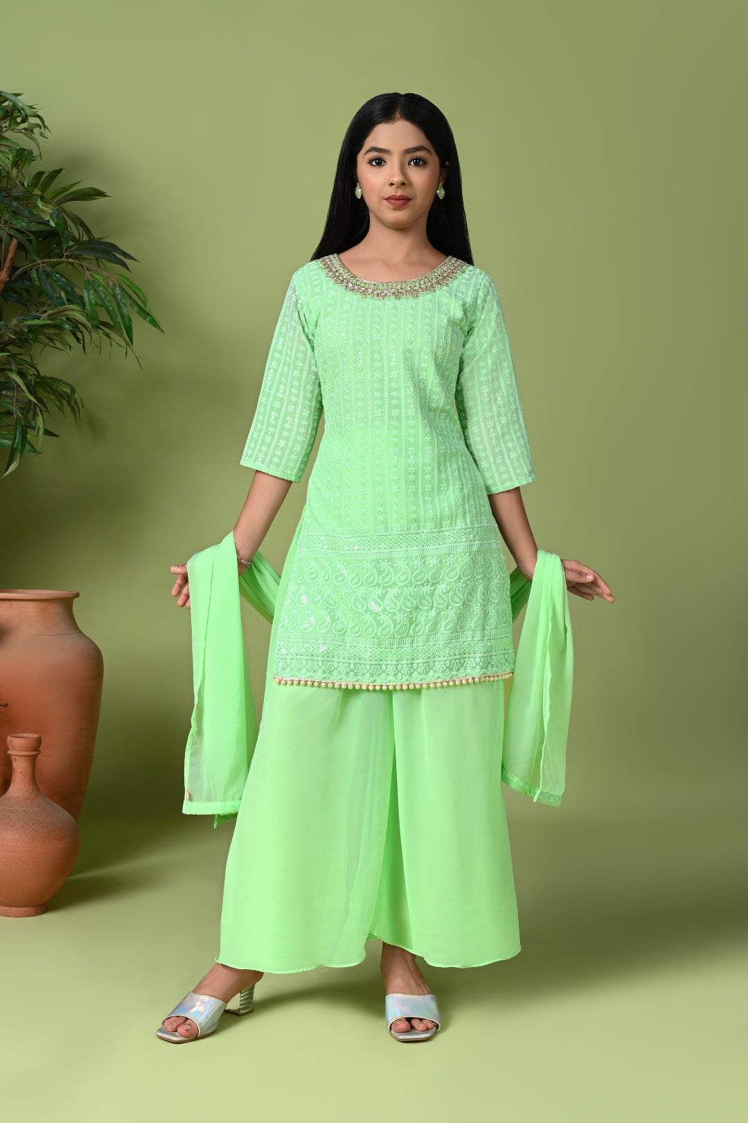 Pastel Green Zardosi Embroidered Kurta with Palazzo Pants & Dupatta
