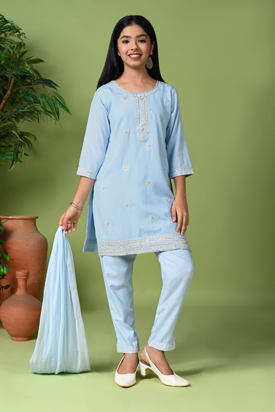 Pastel Blue Embroidered Kurta Set with Pants & Dupatta