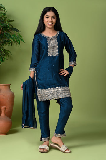 Silk Embroidered Kurta Set with Pants and Dupatta