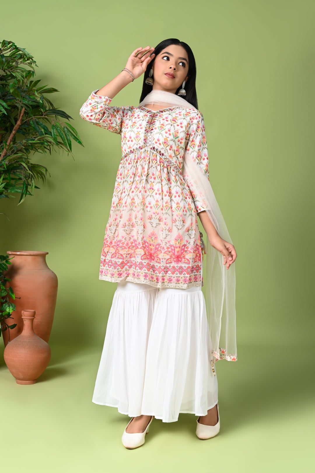 Elegant Floral Printed Kurta with White Sharara & Net Dupatta