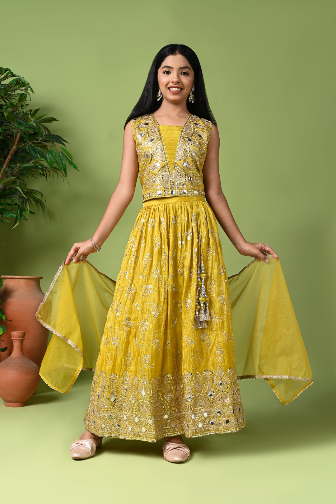 Yellow Mirror Work Lehenga Set with Dupatta