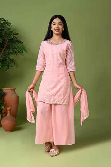 Pastel Pink Embroidered Kurta with Palazzo Pants & Dupatta