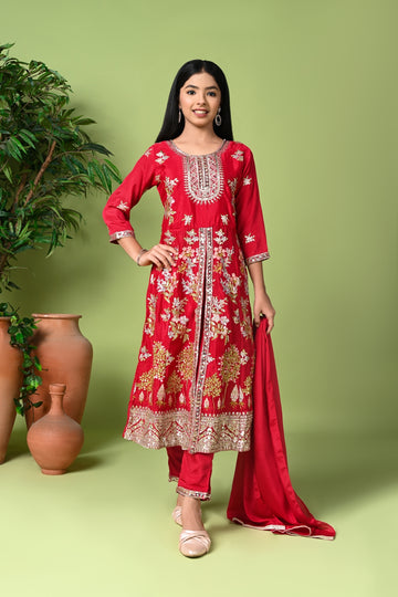 Red Embroidered Long Kurta with Pants & Dupatta