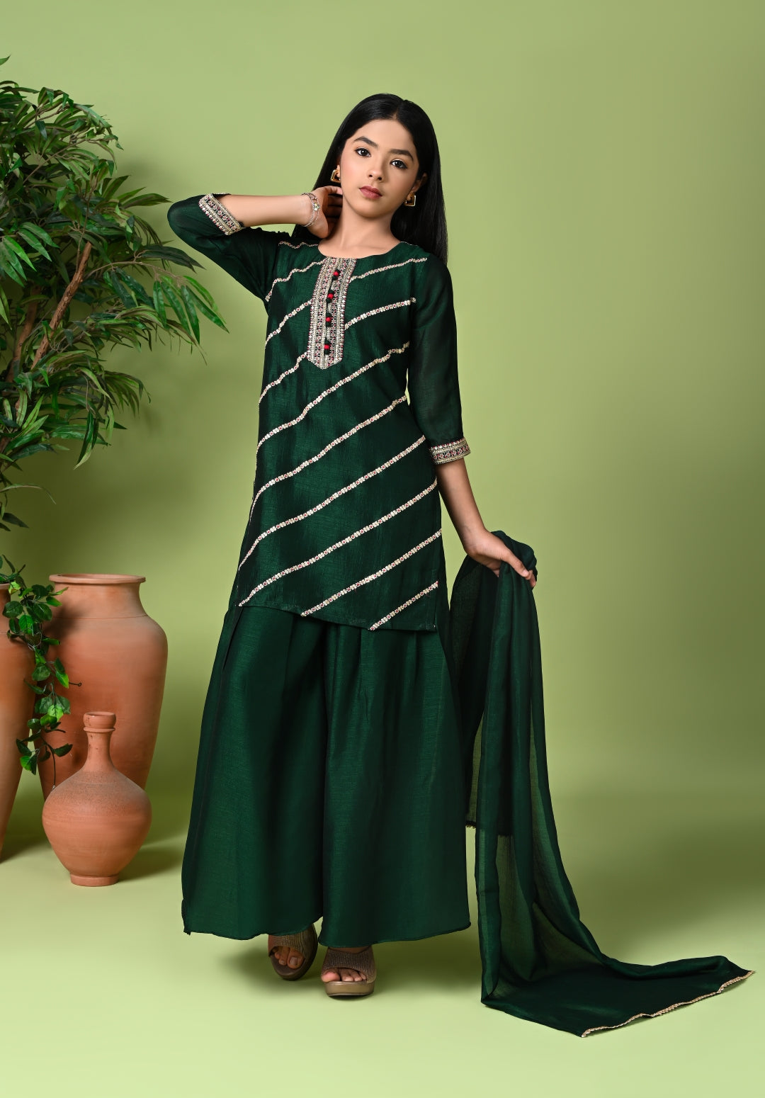 Green Silk Embroidered Kurta Set with Palazzo Pants and Dupatta