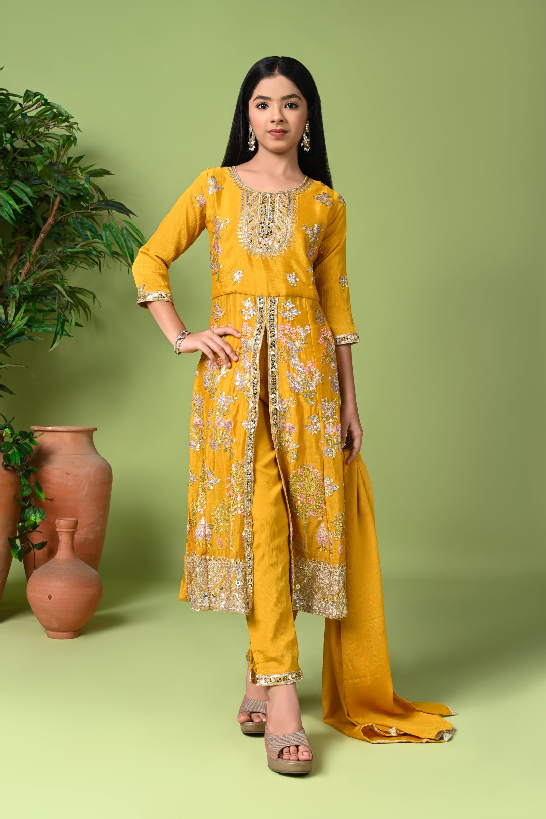 Mustard Yellow Embroidered Long Kurta with Pants & Dupatta