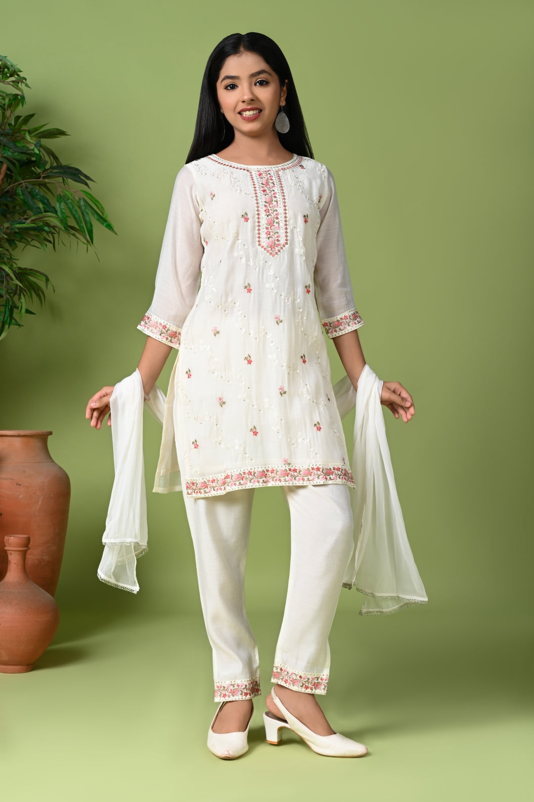 White Embroidered Kurta Set with Pants & Dupatta