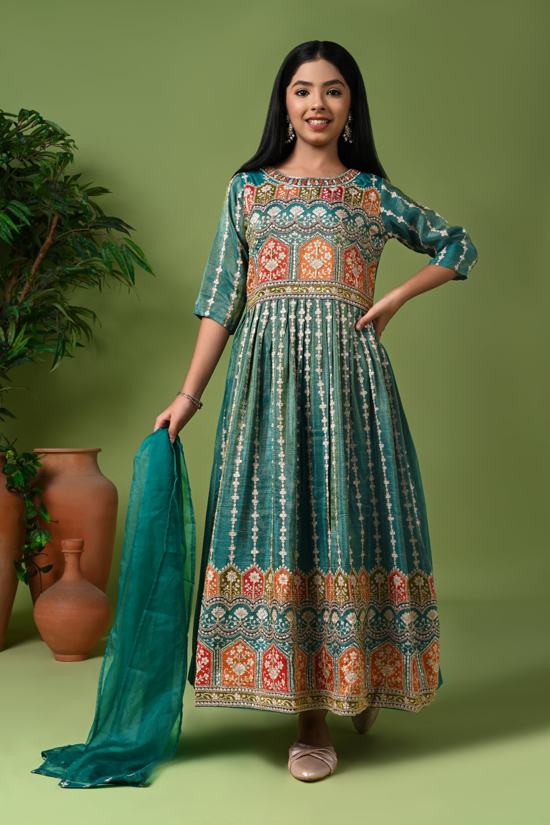 Green Hand Embroidered and Printed Anarkali Gown with Dupatta