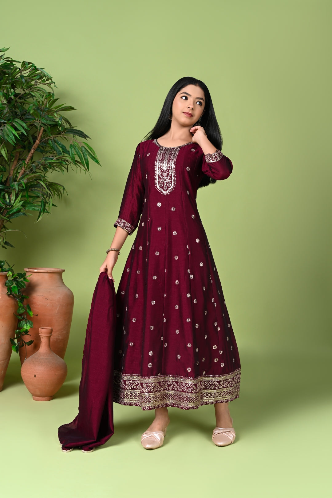 Wine Embroidered Anarkali Kurta with Dupatta