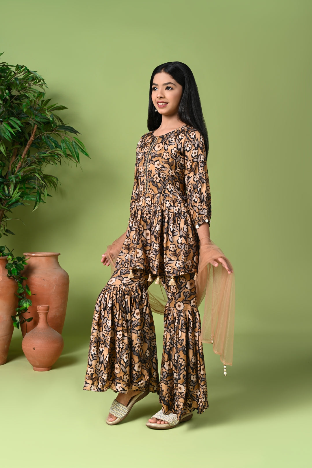 Floral Printed Peplum Kurta with Sharara & Net Dupatta