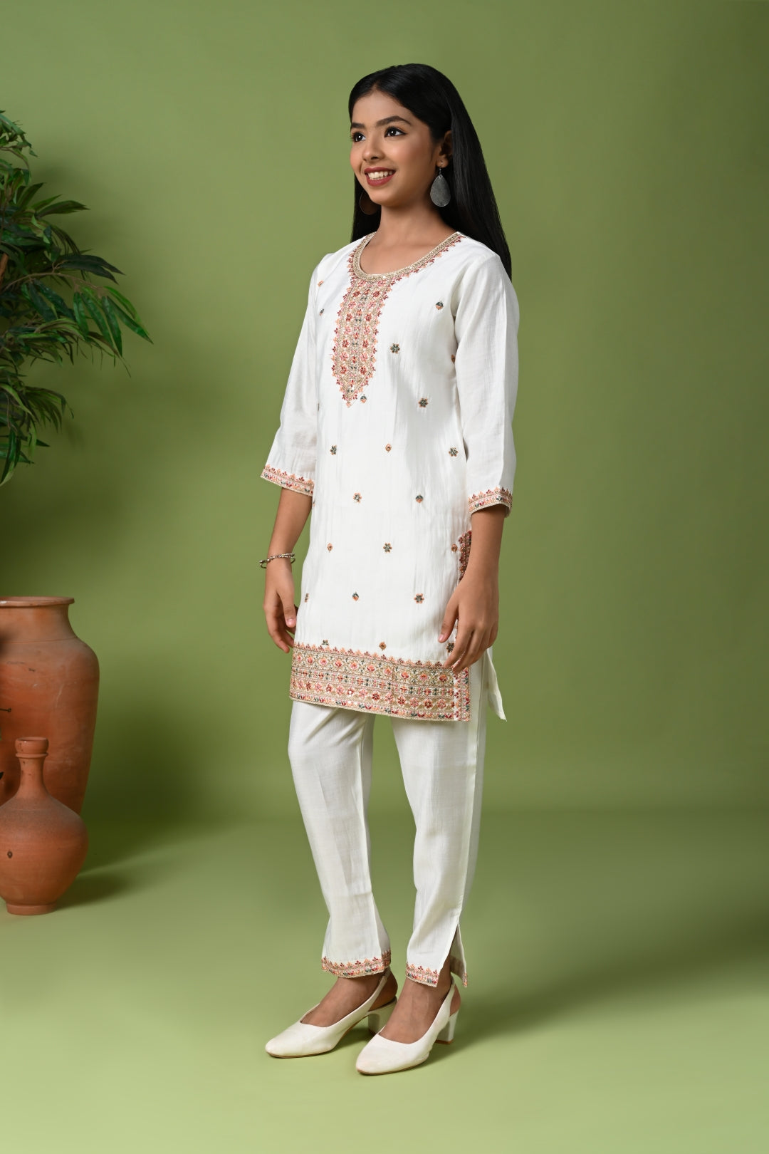 White Kurta Set with Intricate Embroidery & Dupatta