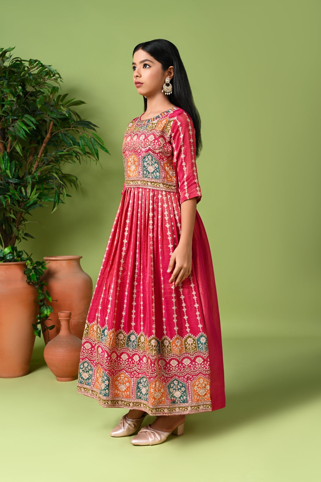 Festive Pink Anarkali Suit with Intricate Print & Net Dupatta