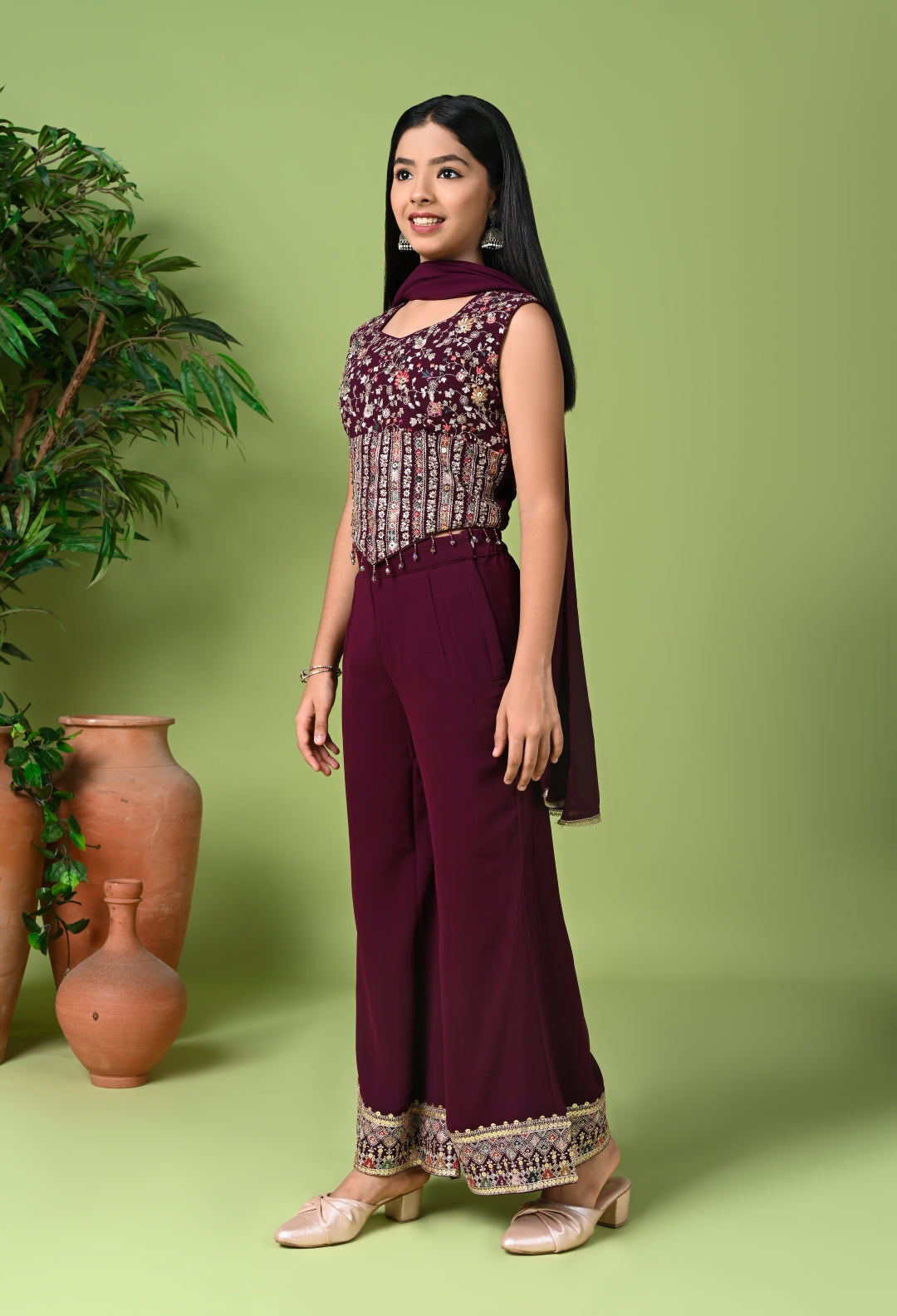 Indo-Western Wine Embroidered Crop Top with Palazzo Pants & Dupatta