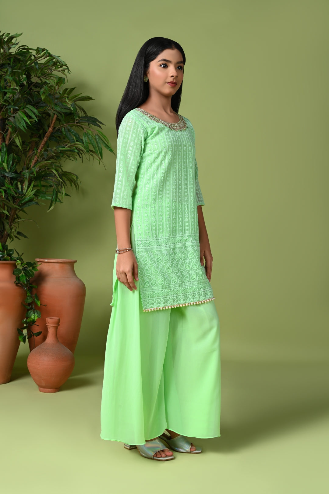 Pastel Green Zardosi Embroidered Kurta with Palazzo Pants & Dupatta