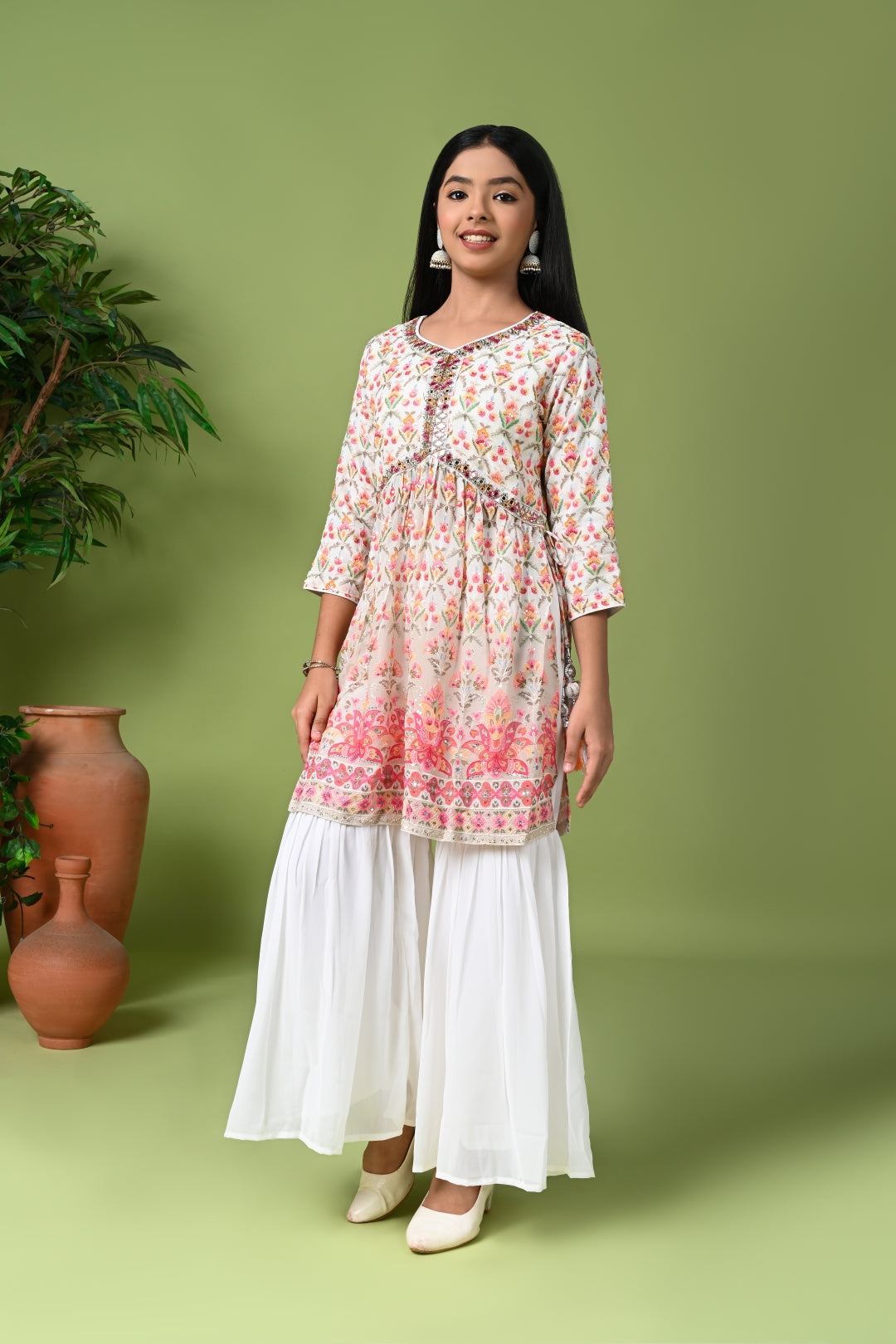 Elegant Floral Printed Kurta with White Sharara & Net Dupatta