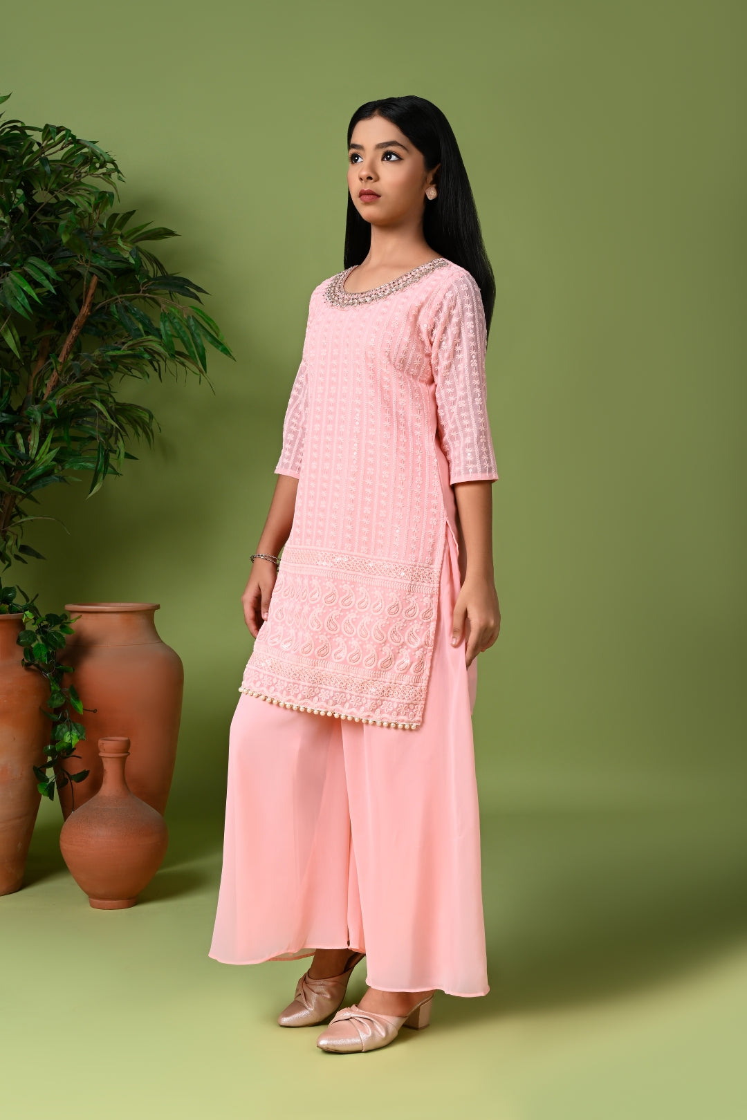 Pastel Pink Embroidered Kurta with Palazzo Pants & Dupatta