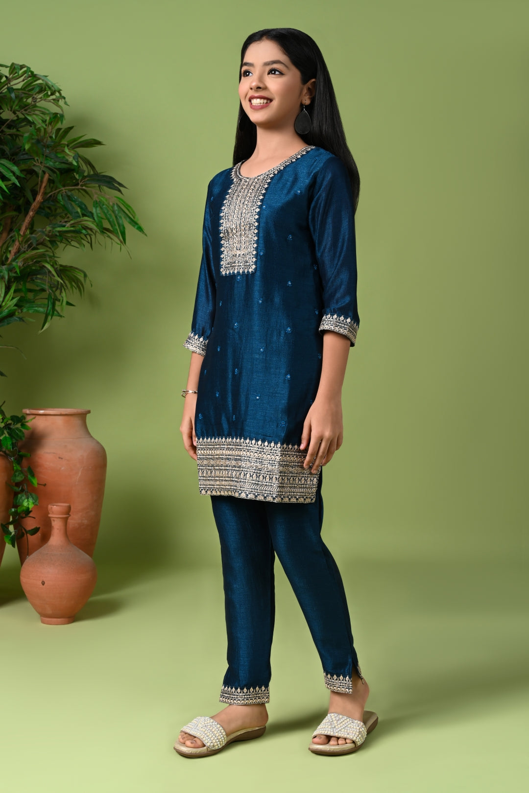 Silk Embroidered Kurta Set with Pants and Dupatta