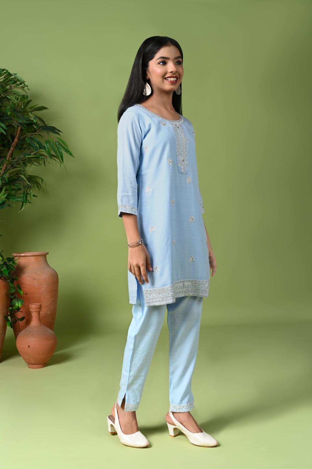 Pastel Blue Embroidered Kurta Set with Pants & Dupatta