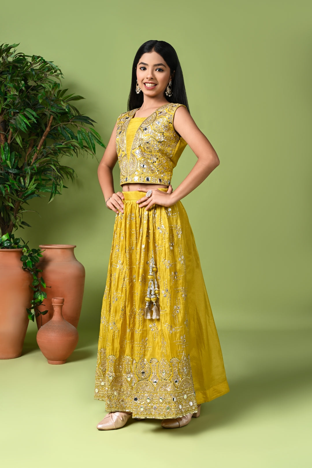 Yellow Mirror Work Lehenga Set with Dupatta