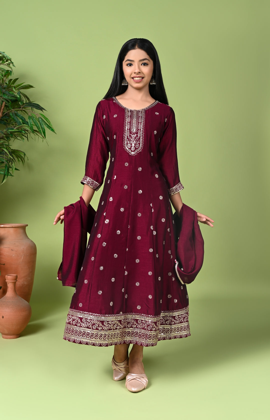 Wine Embroidered Anarkali Kurta with Dupatta
