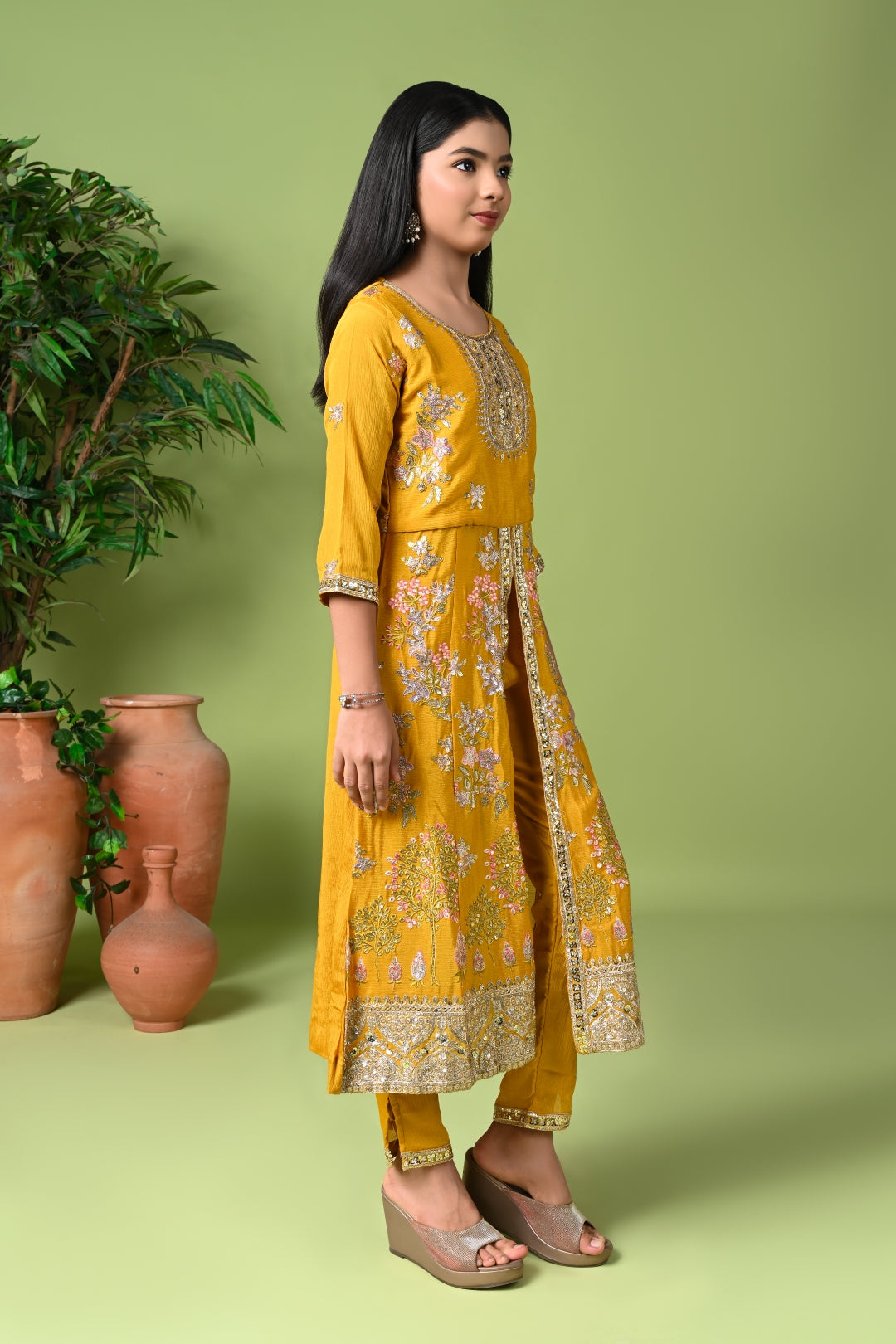 Mustard Yellow Embroidered Long Kurta with Pants & Dupatta
