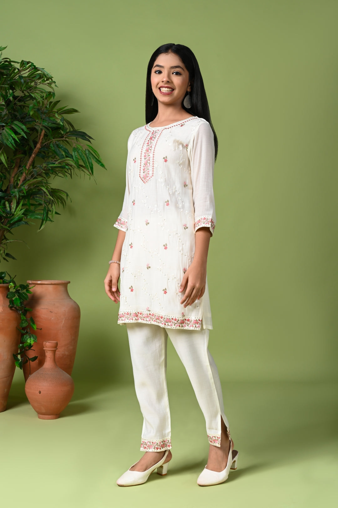 White Embroidered Kurta Set with Pants & Dupatta