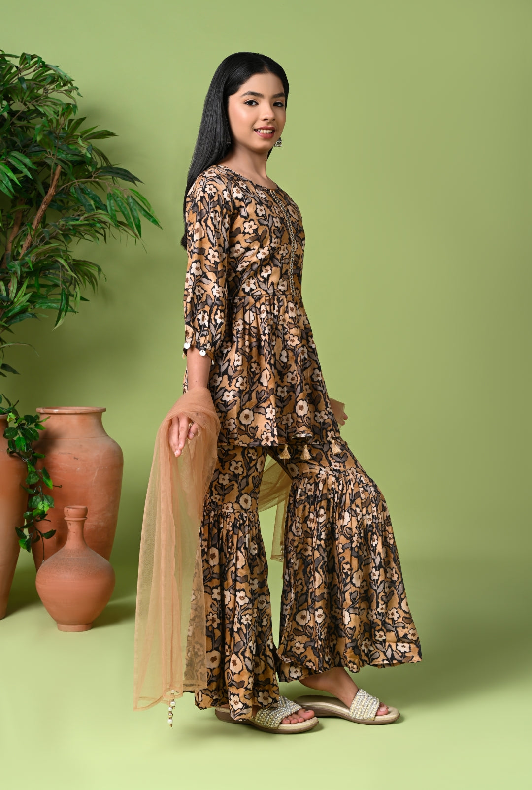 Floral Printed Peplum Kurta with Sharara & Net Dupatta