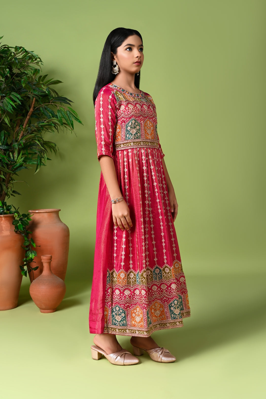 Festive Pink Anarkali Suit with Intricate Print & Net Dupatta