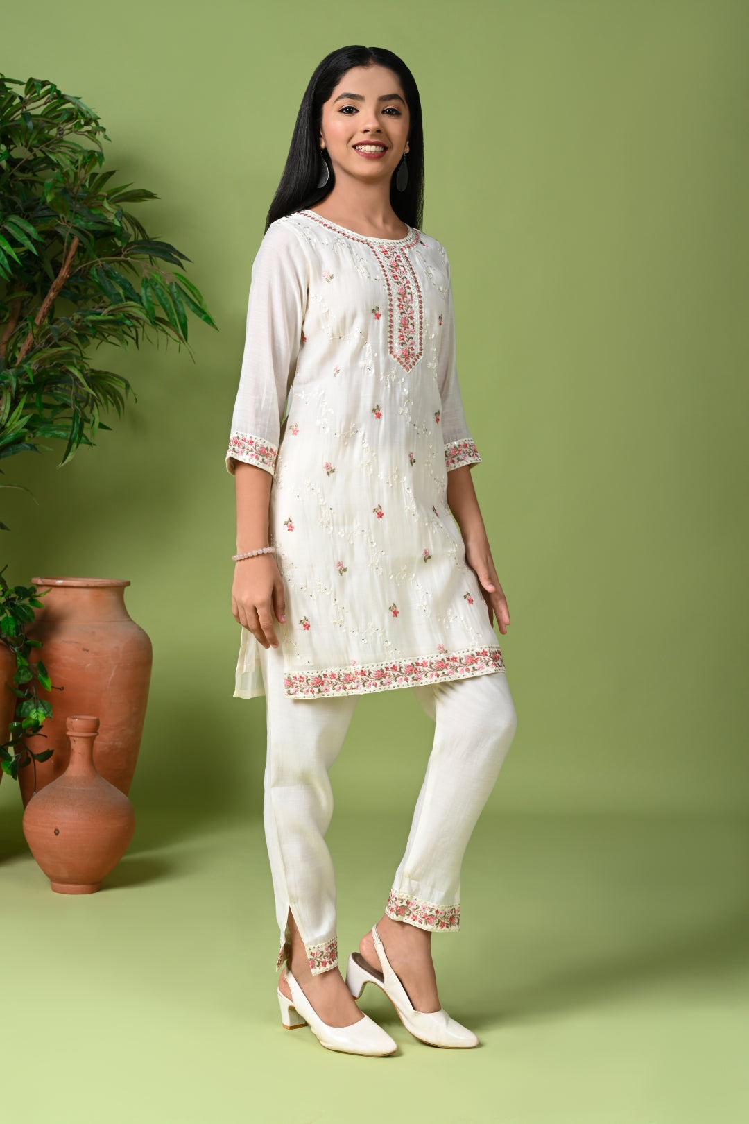 White Embroidered Kurta Set with Pants & Dupatta