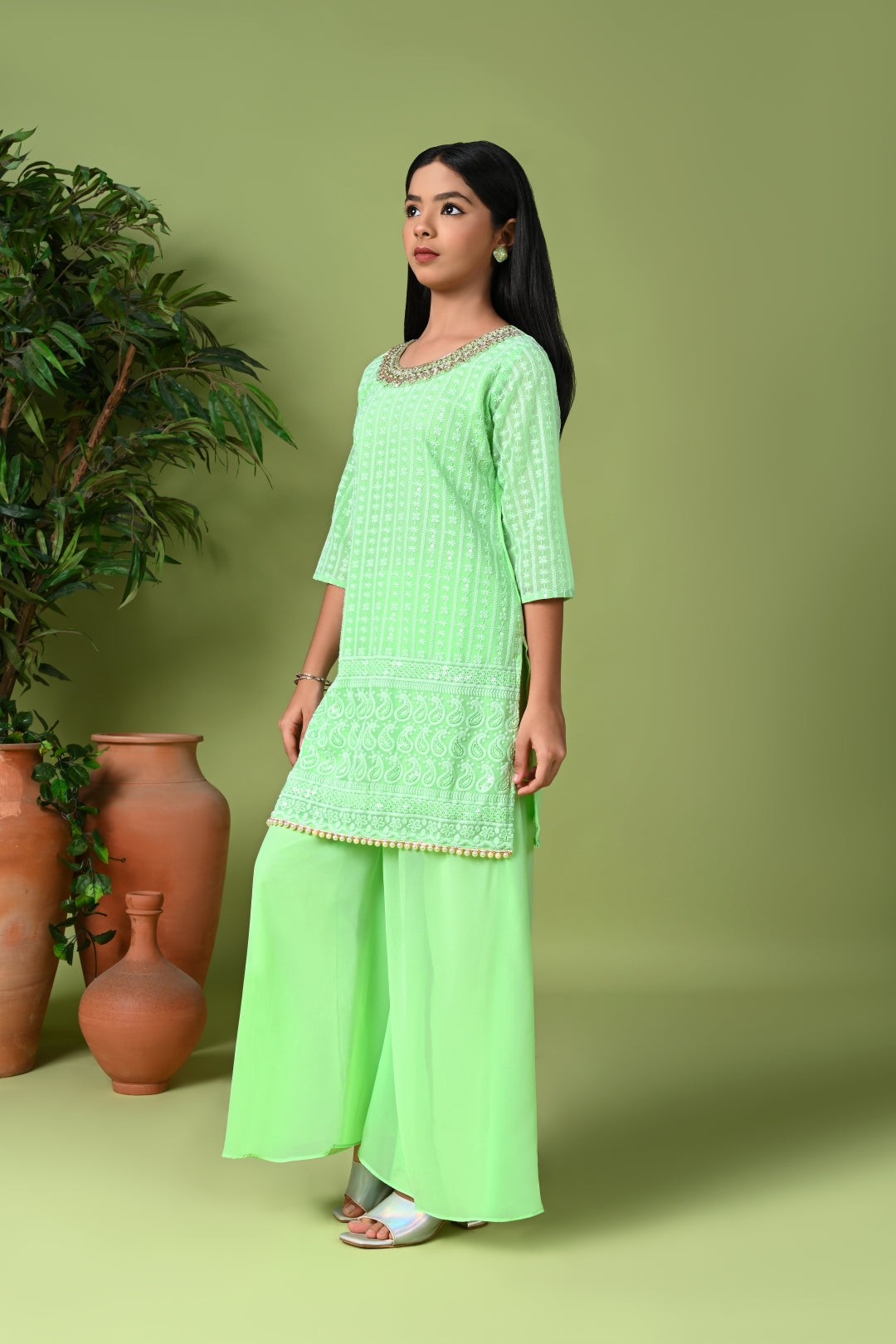 Pastel Green Zardosi Embroidered Kurta with Palazzo Pants & Dupatta