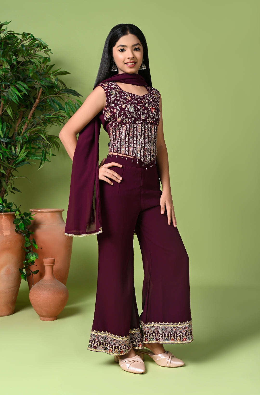 Indo-Western Wine Embroidered Crop Top with Palazzo Pants & Dupatta
