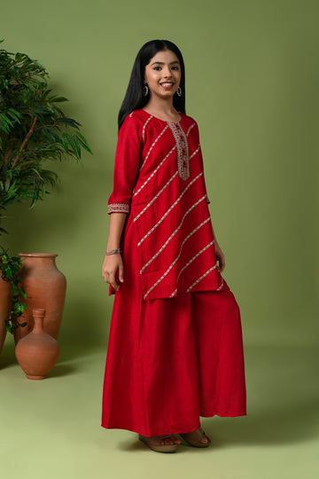 Rani Silk Embroidered Kurta Set with Palazzo Pants and Dupatta