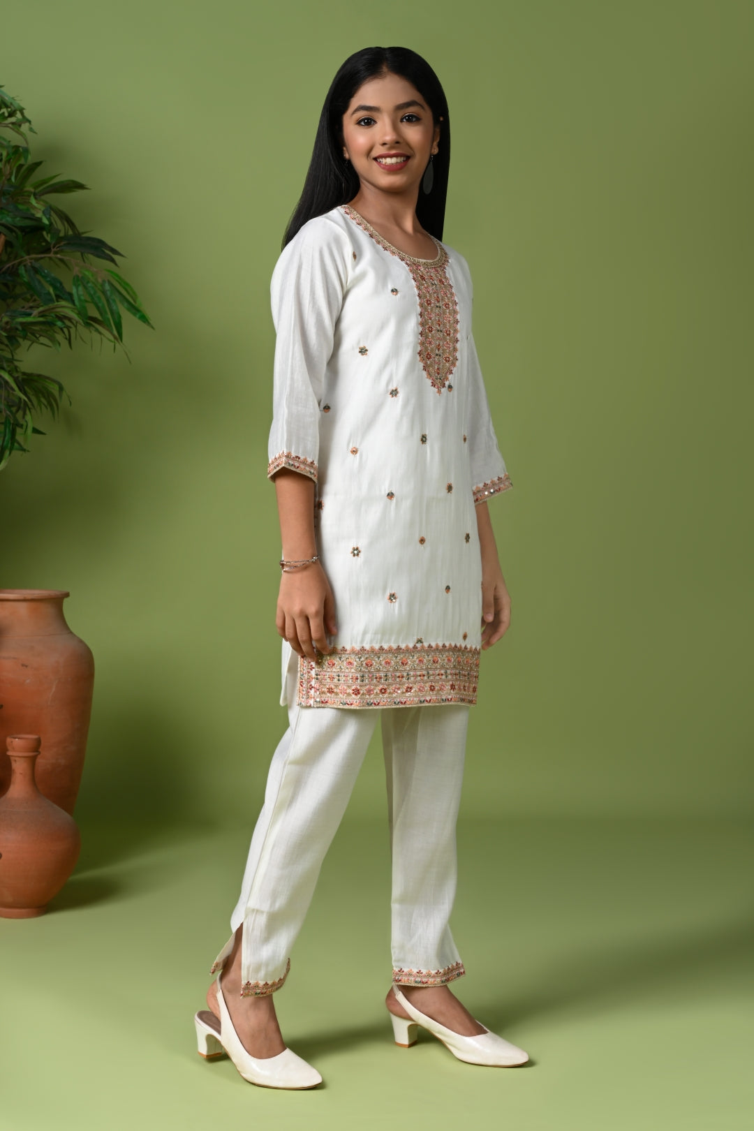 White Kurta Set with Intricate Embroidery & Dupatta