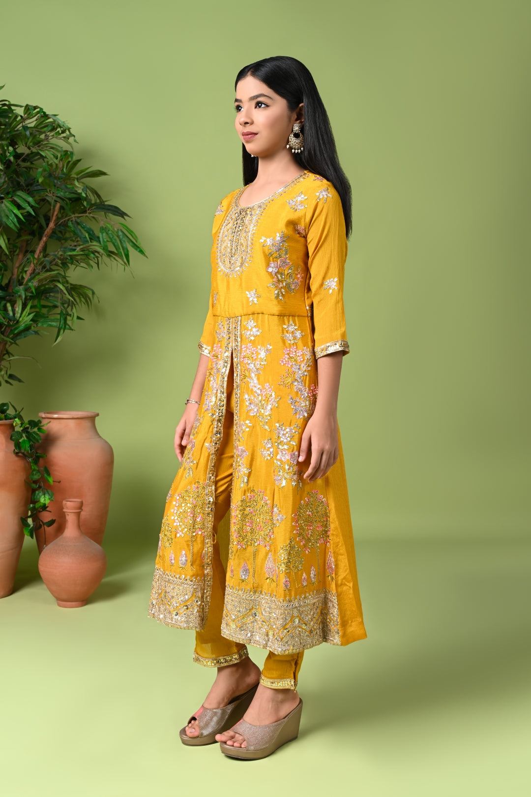 Mustard Yellow Embroidered Long Kurta with Pants & Dupatta