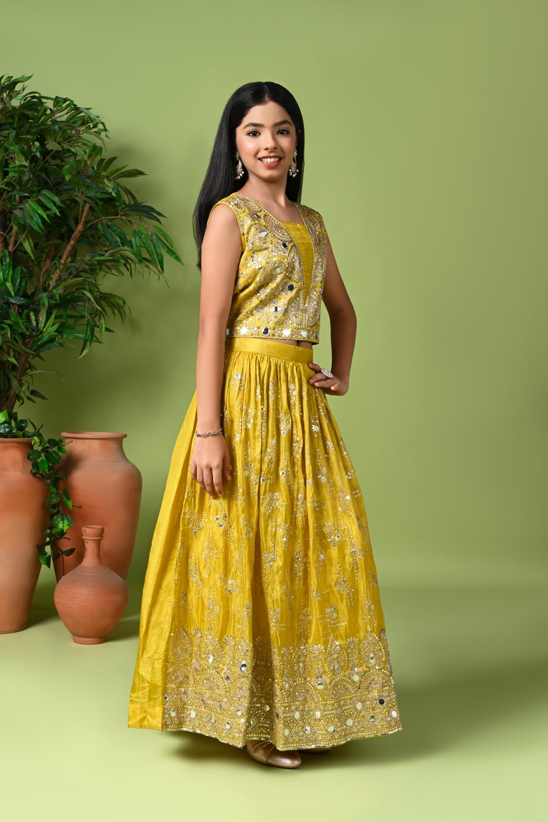 Yellow Mirror Work Lehenga Set with Dupatta
