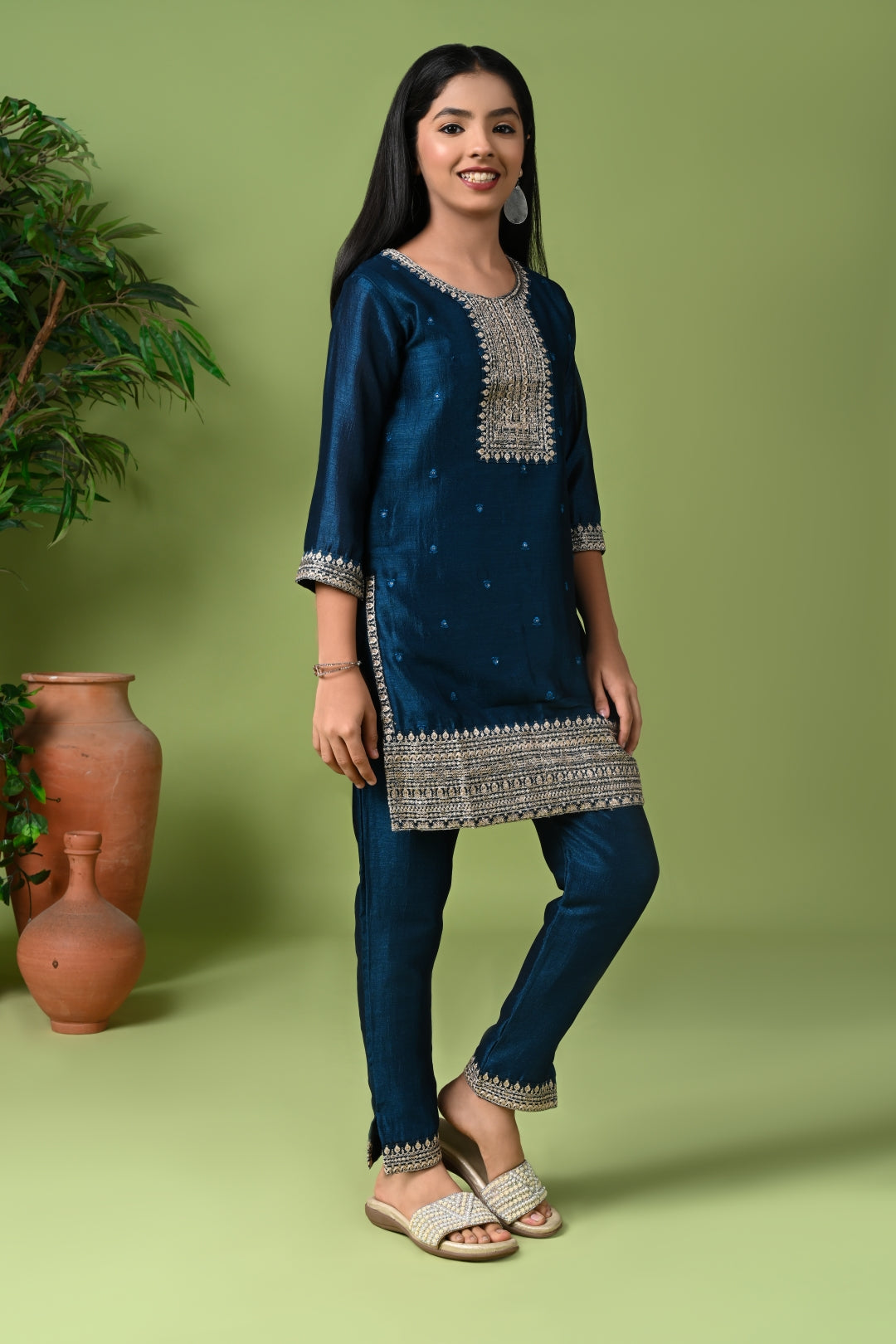 Silk Embroidered Kurta Set with Pants and Dupatta