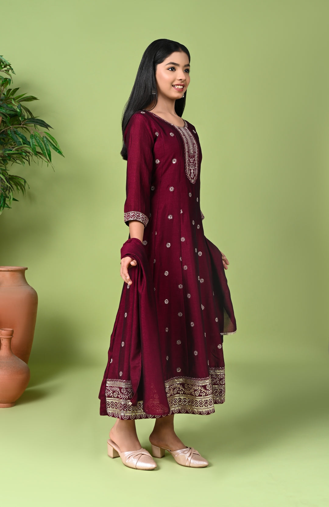 Wine Embroidered Anarkali Kurta with Dupatta