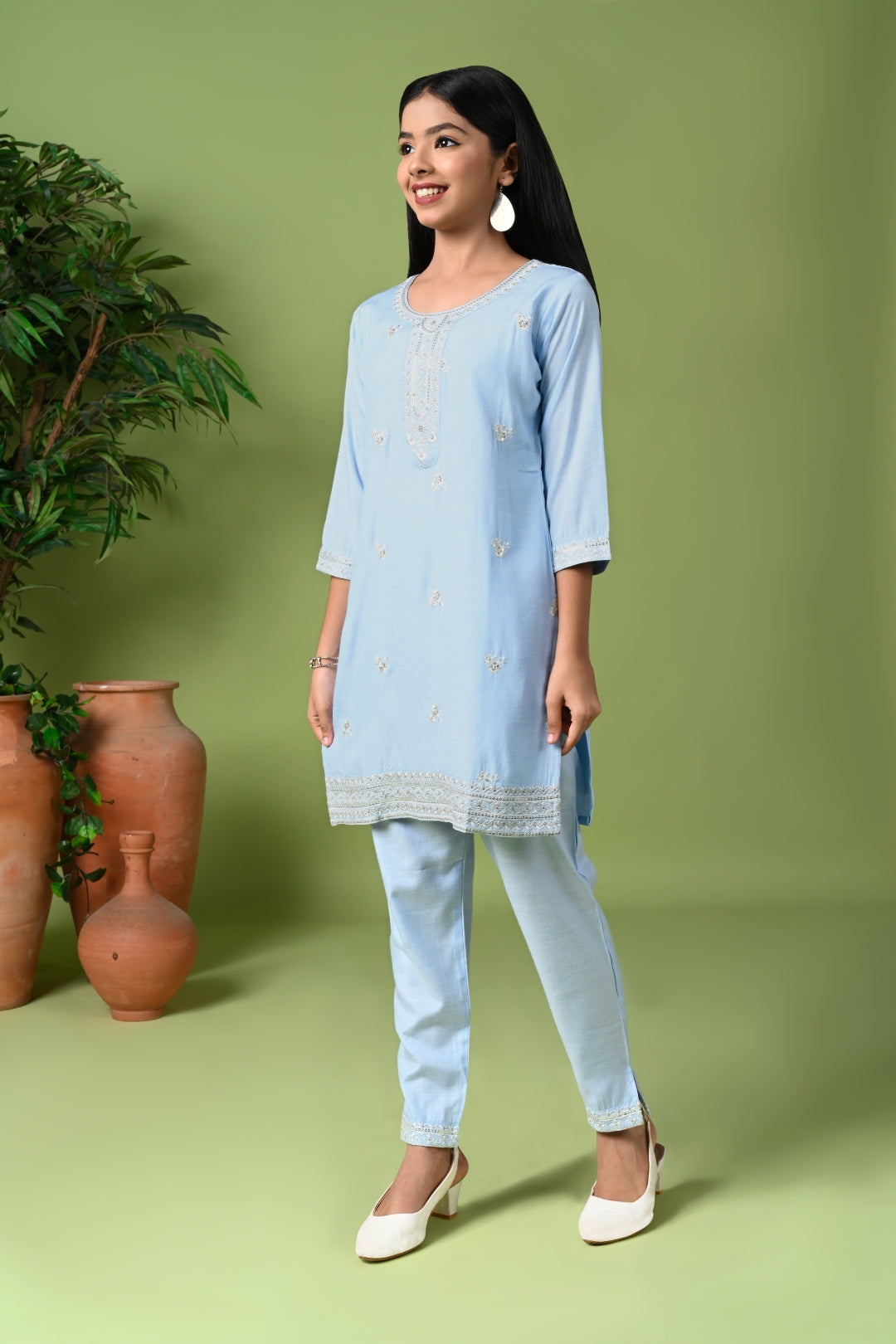 Pastel Blue Embroidered Kurta Set with Pants & Dupatta