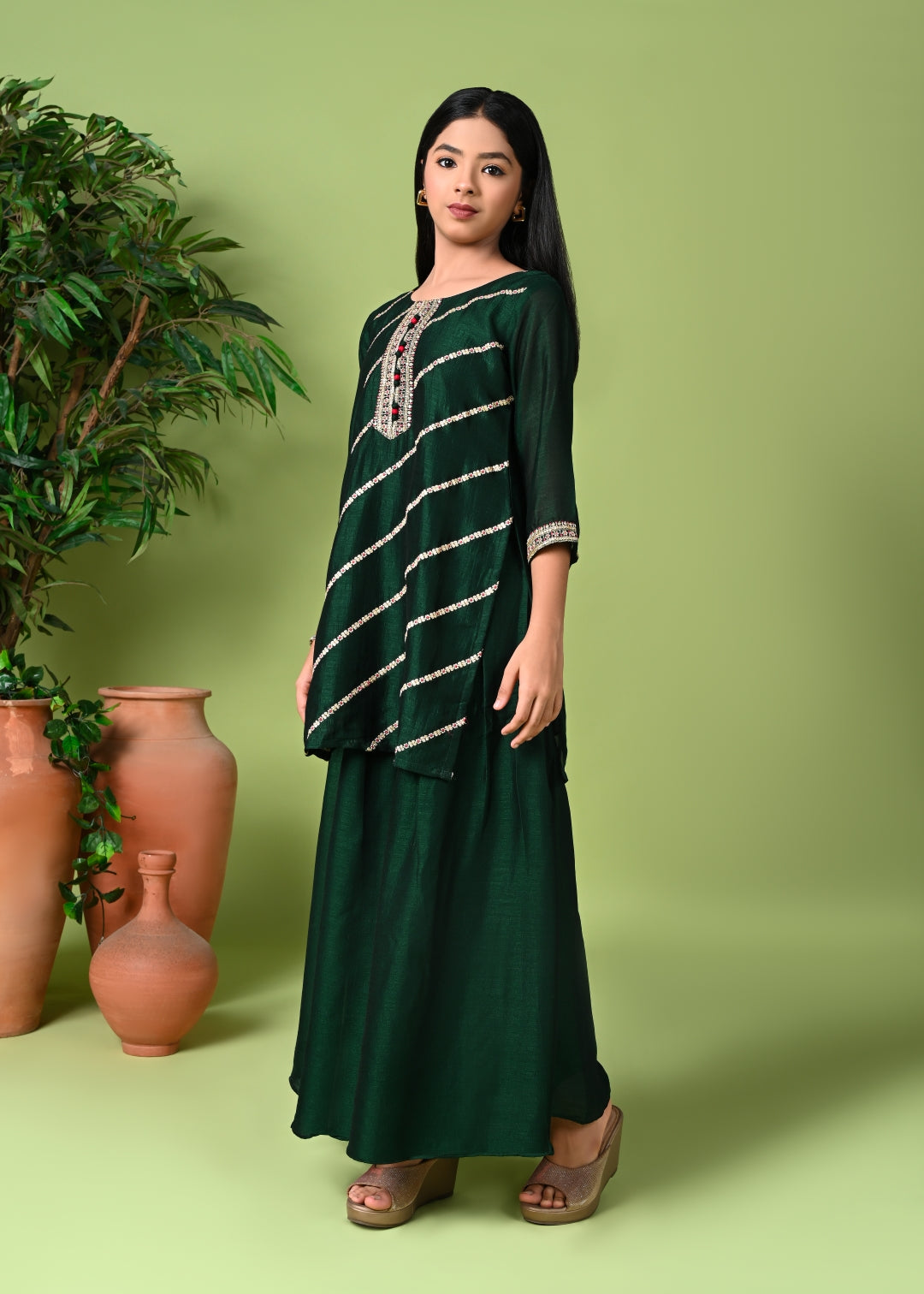 Green Silk Embroidered Kurta Set with Palazzo Pants and Dupatta