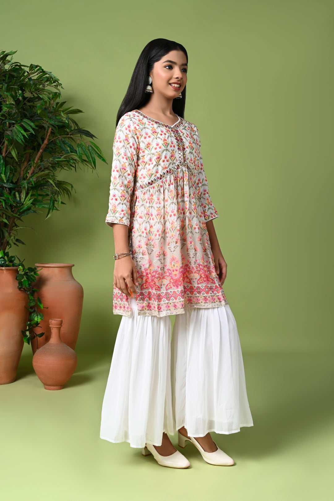 Elegant Floral Printed Kurta with White Sharara & Net Dupatta