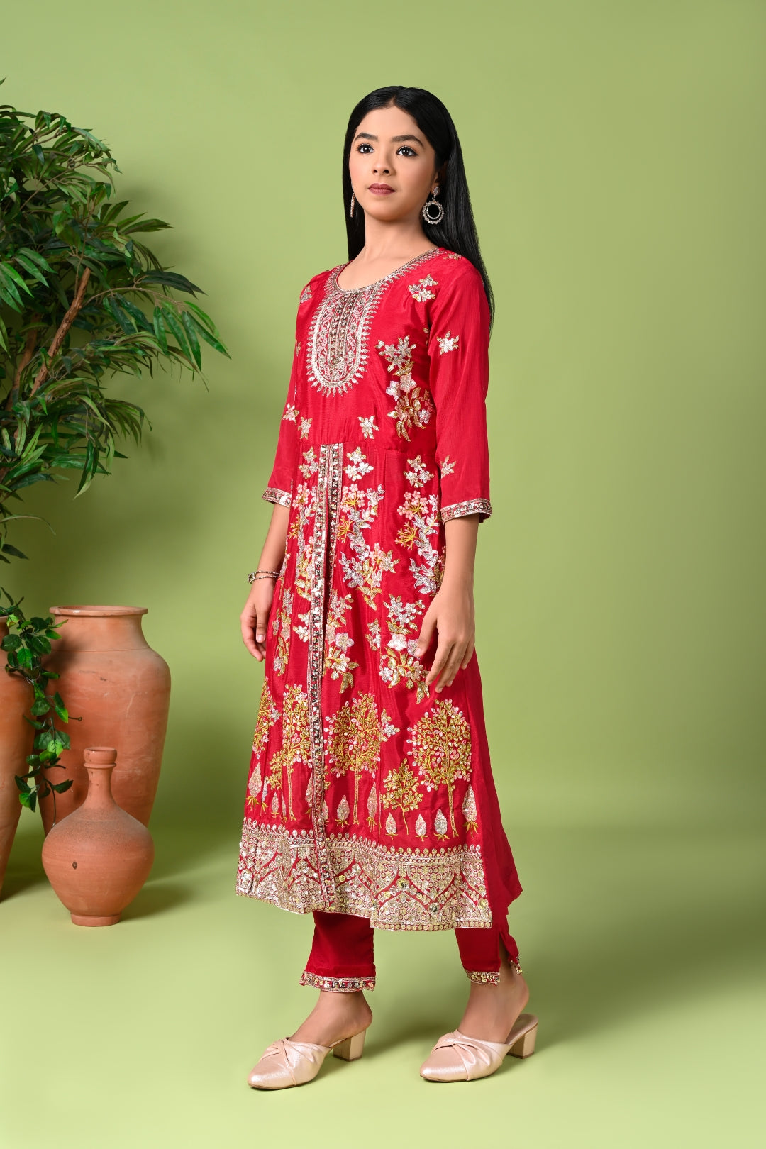 Mustard Yellow Embroidered Long Kurta with Pants & Dupatta