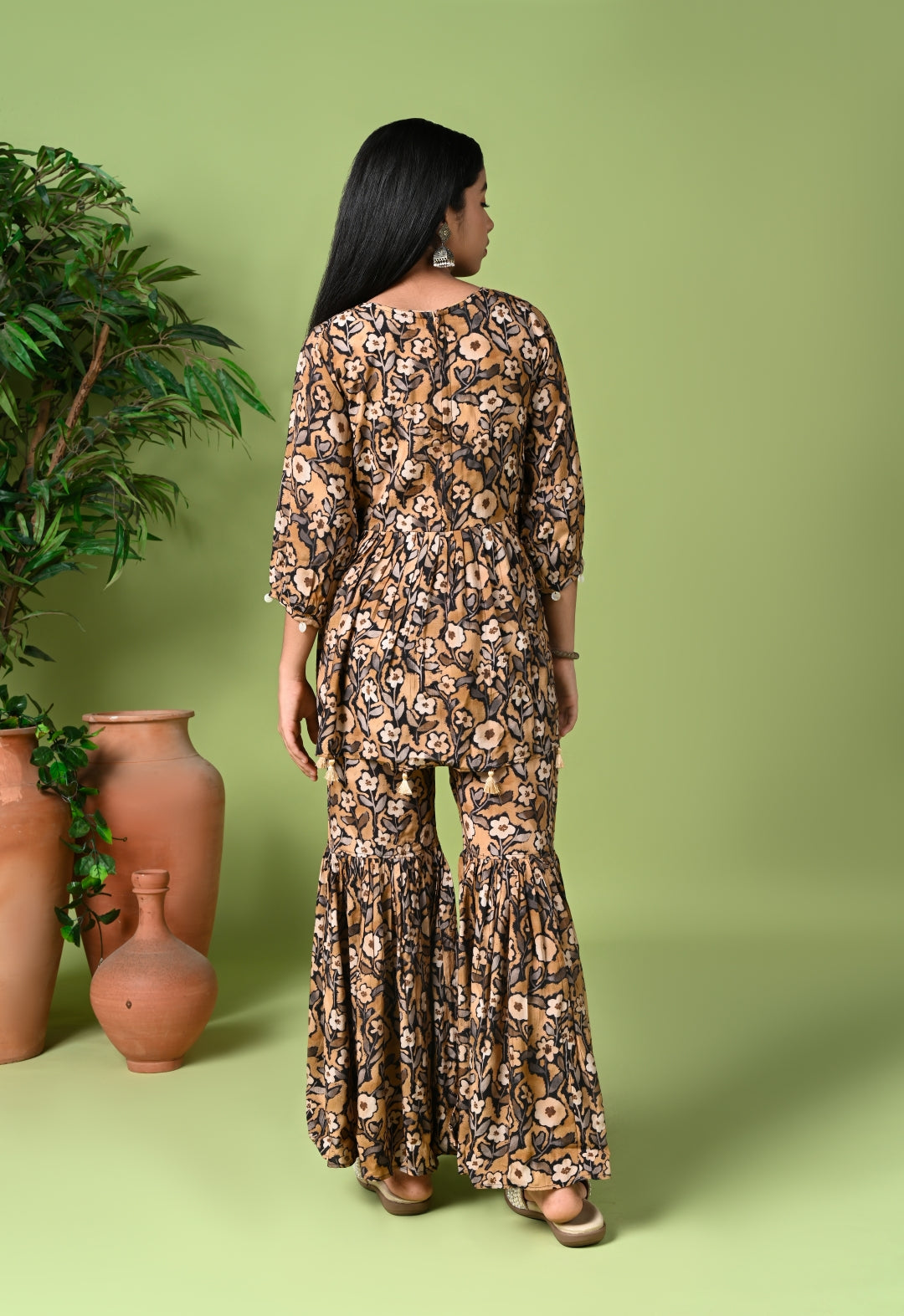 Floral Printed Peplum Kurta with Sharara & Net Dupatta