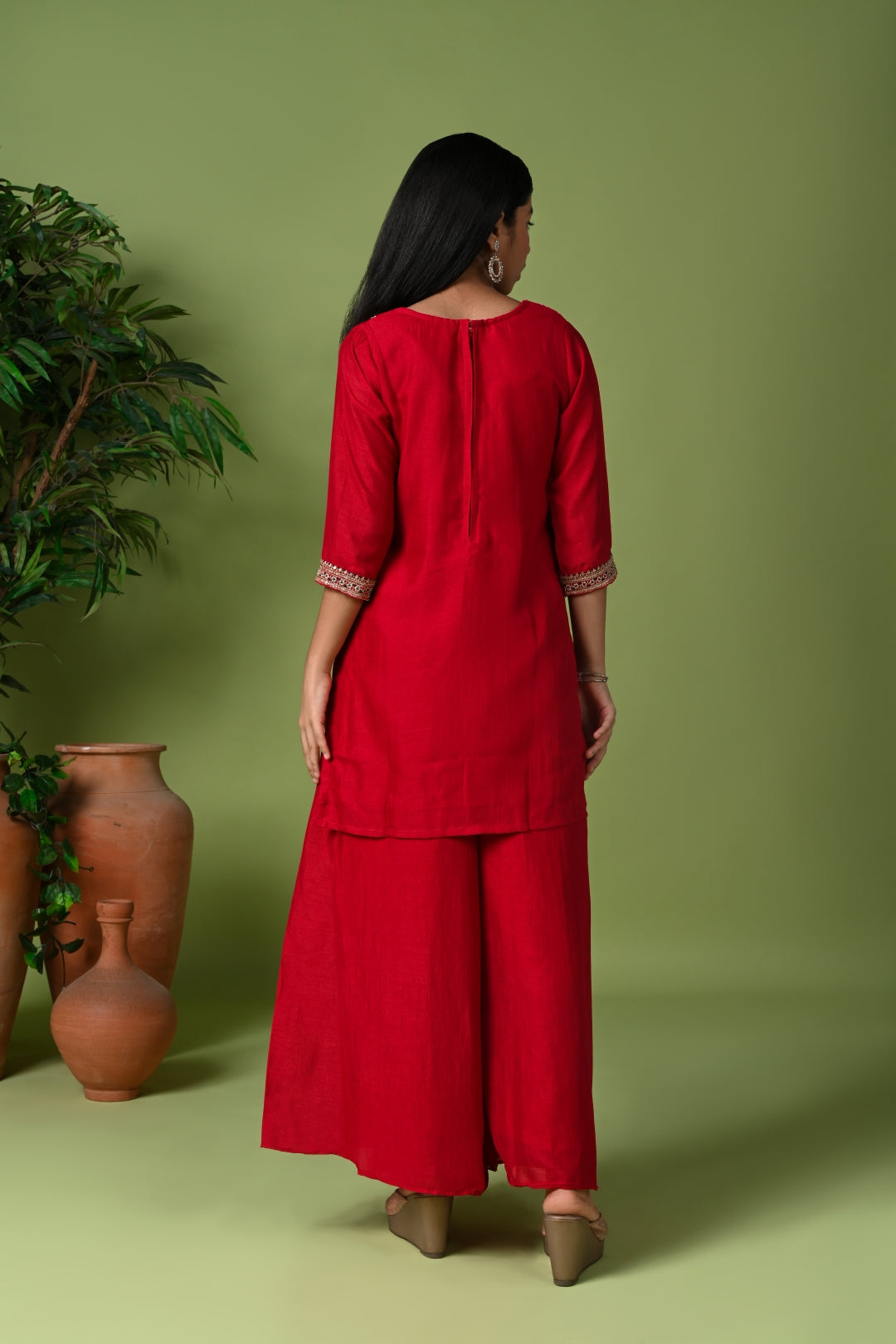 Green Silk Embroidered Kurta Set with Palazzo Pants and Dupatta