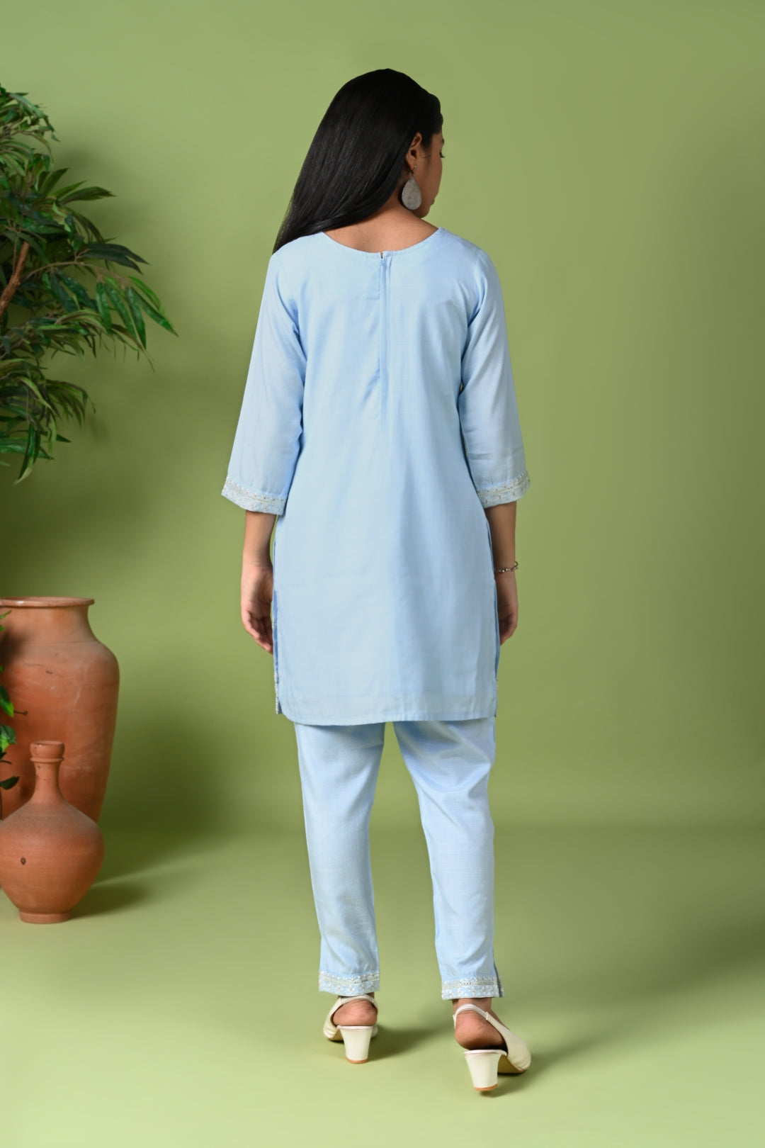 Pastel Blue Embroidered Kurta Set with Pants & Dupatta