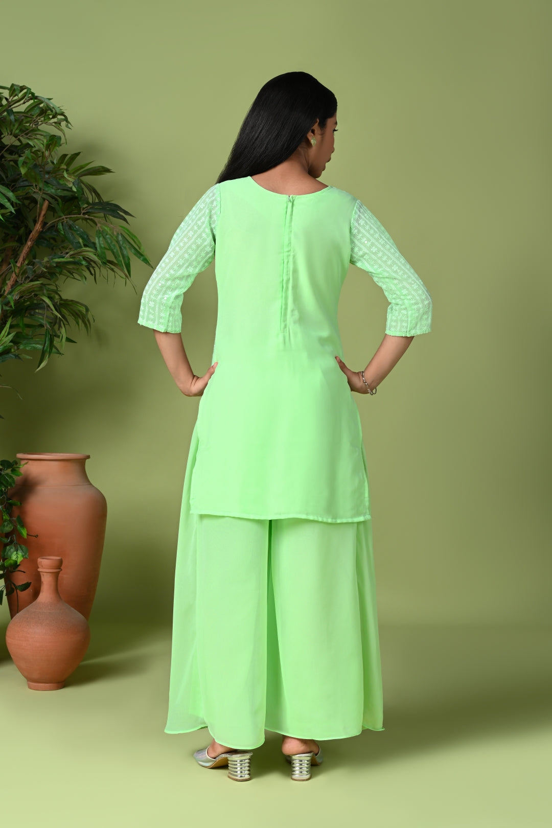 Pastel Green Zardosi Embroidered Kurta with Palazzo Pants & Dupatta