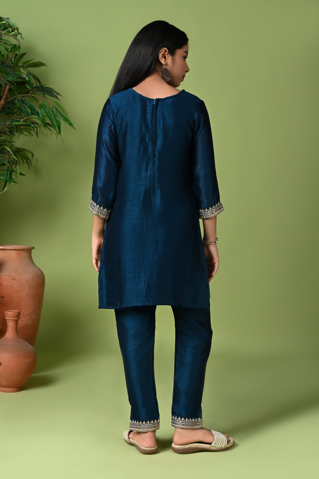 Silk Embroidered Kurta Set with Pants and Dupatta
