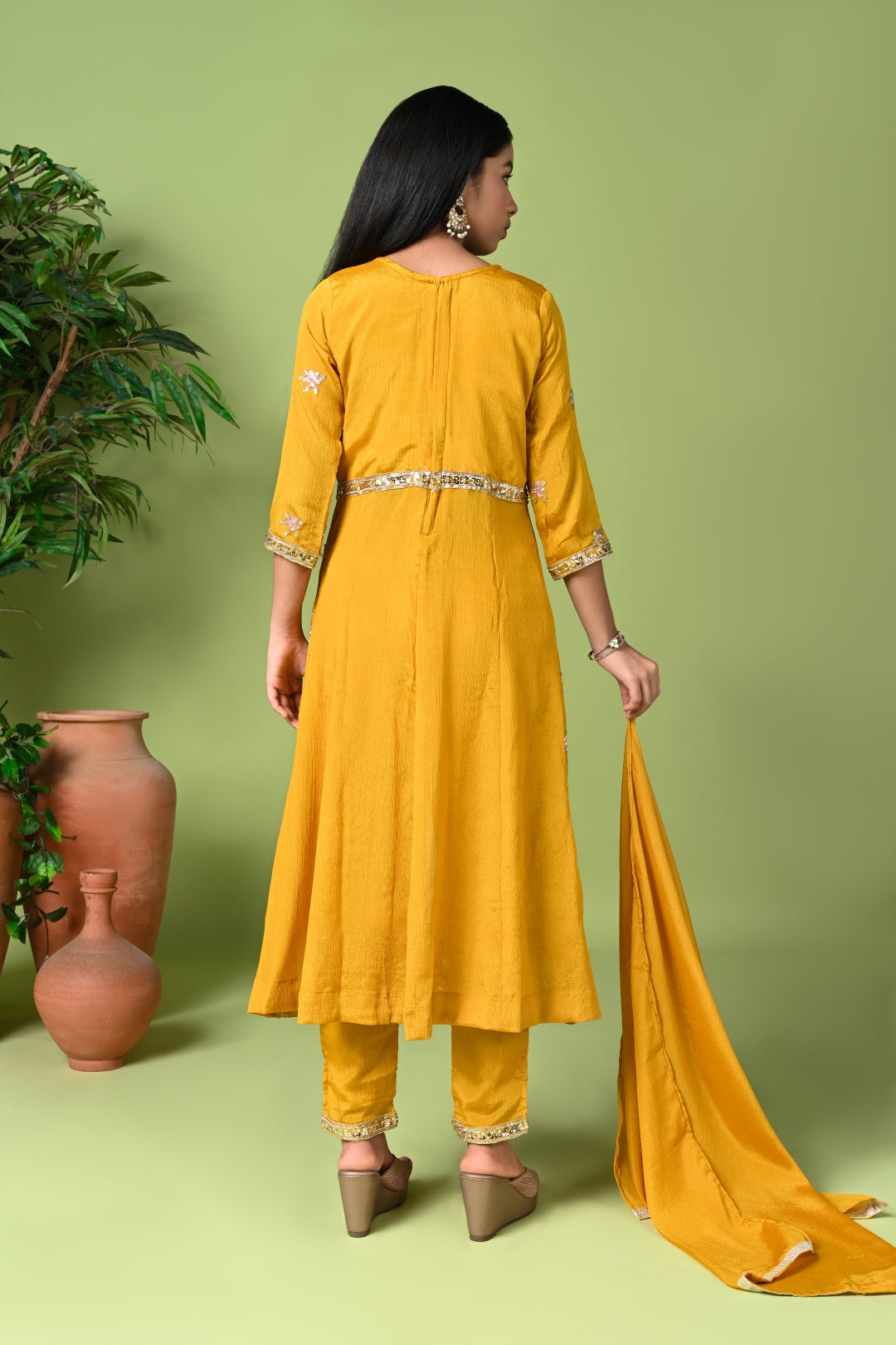 Mustard Yellow Embroidered Long Kurta with Pants & Dupatta
