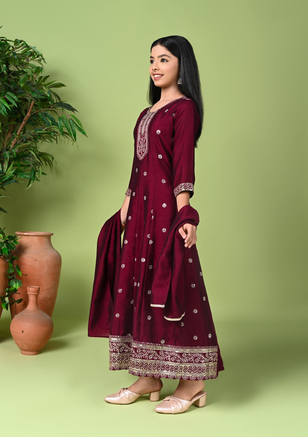 Wine Embroidered Anarkali Kurta with Dupatta